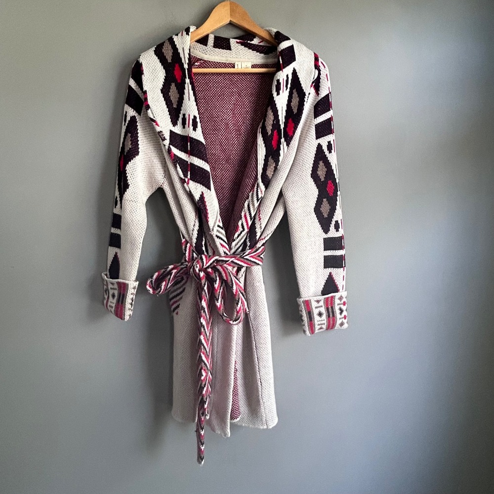 Moth Anthropologie Southwestern Geometric Belted Cardigan Sweater Cream Red M